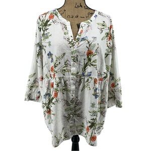 Jones & Co Linen Blend Full Button Front Plus Size V Neck Blouse White Floral 2X